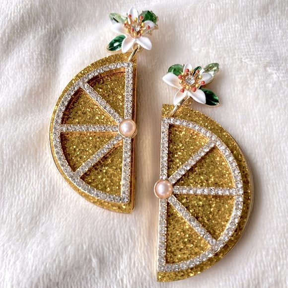 Jewelry - Gold & Yellow Citrus Slice Statement Earrings with Floral Detail